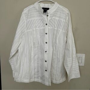 Denim&Co White button-up shirt Side Pockets Sliver Buttons Mandarin collar 2X